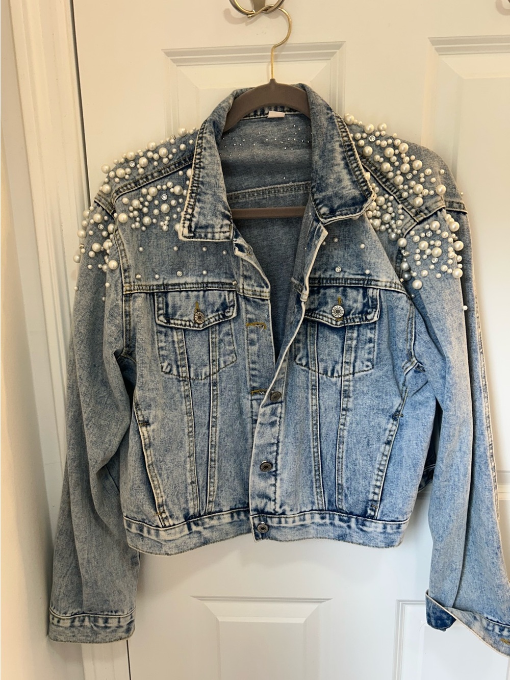 Pearl and Jewel Embellished Light Blue Denim Jacket in Excellent Condition!